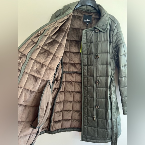 NWT Sam Edelman Women's Quilted Faux Fur Lined Trench Coat Olive Green, size L - Picture 9 of 13